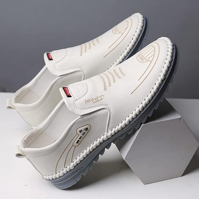 Men's soft sole Stitched Breathable casual Loafer shoes(White )