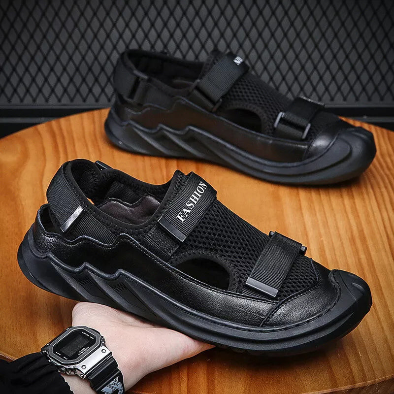 Men's Buckled Knitted Orthopaedic Sandals(Black)