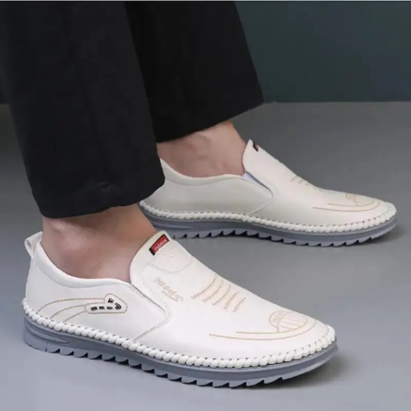 Men's soft sole Stitched Breathable casual Loafer shoes(White )